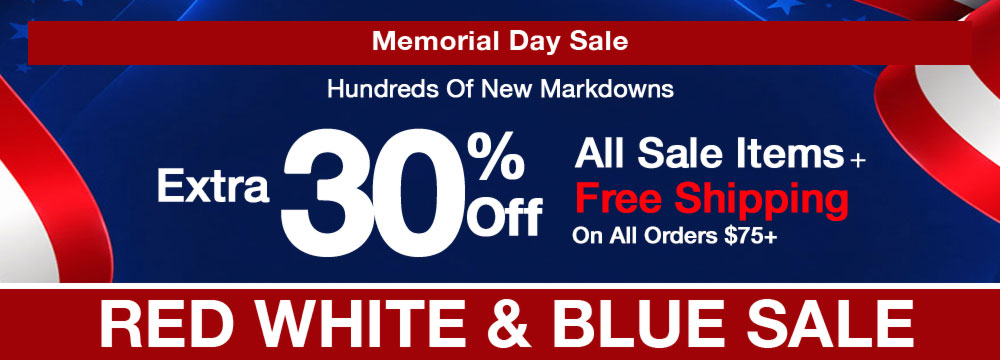 Red white and blue Memorial Day sale banner with discount information and promotional text.