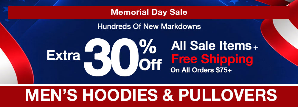 Mens hoodies & pullovers Memorial Day sale banner with discount information and promotional text.