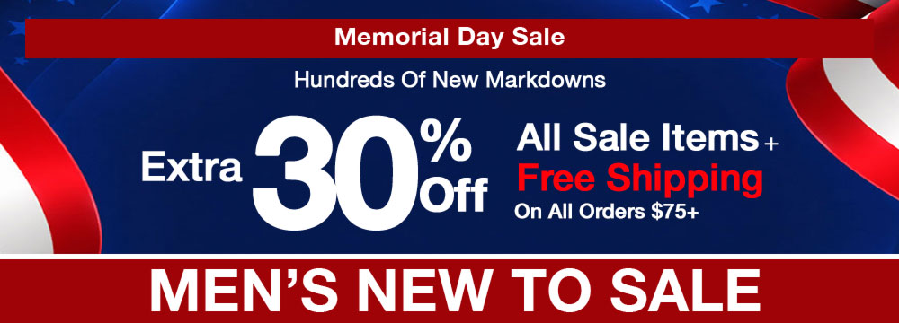 Mens new to sale Memorial Day sale banner with discount information and promotional text.