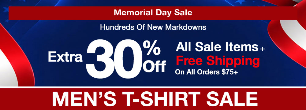Mens tshirt Memorial Day sale banner with discount information and promotional text.