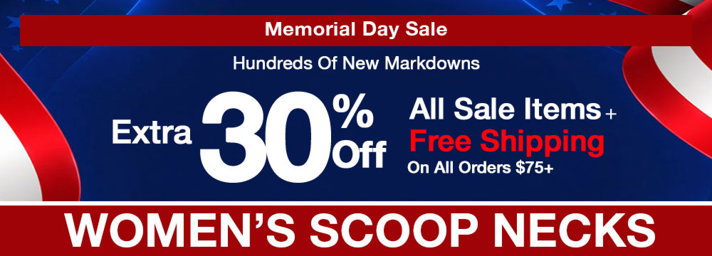 Womens scoop necks Memorial Day sale banner with discount information and promotional text.