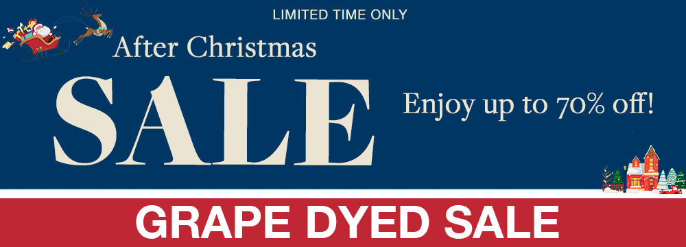 After Christmas Sale Banner for the Grape Dyed Sale Collection. Up to 70% off sale and free shipping on all orders $150+.
