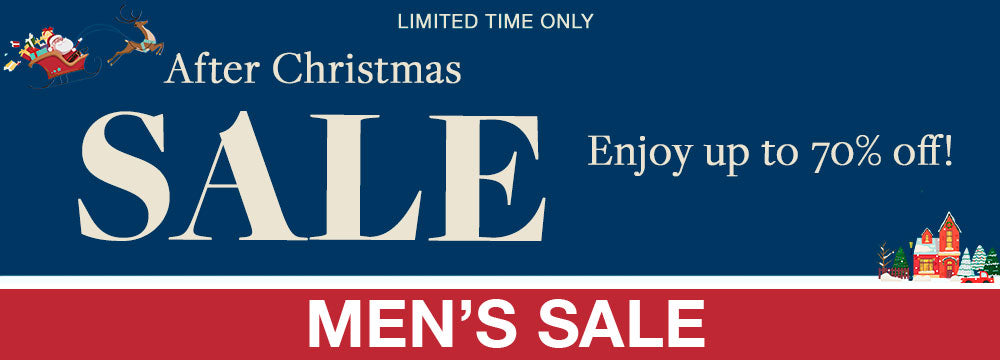 After Christmas Sale Banner for the Mens Sale Collection. Up to 70% off sale and free shipping on all orders $150+.