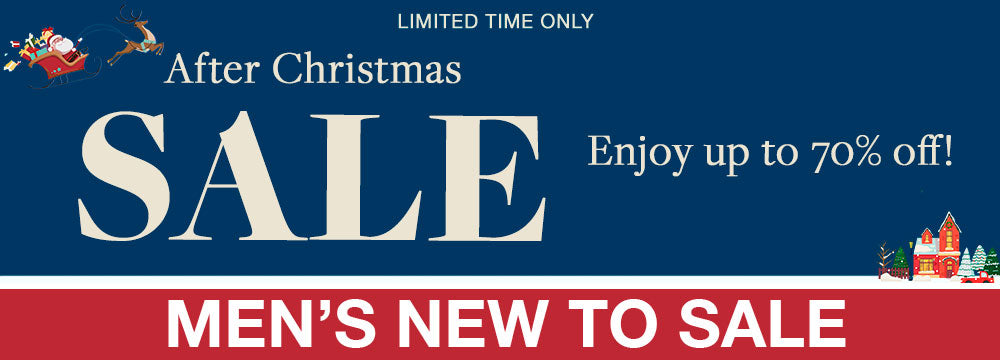 After Christmas Sale Banner for the Mens New To Sale Collection. Up to 70% off sale and free shipping on all orders $150+.