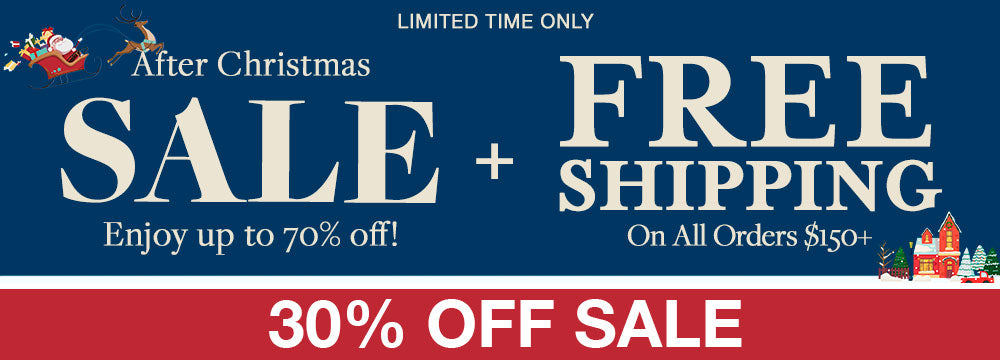 After Christmas Sale Banner for the 30% Off Sale Collection. Up to 70% off sale and free shipping on all orders $150+.