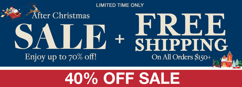 After Christmas Sale Banner for the 40% Off  Sale Collection. Up to 70% off sale and free shipping on all orders $150+.