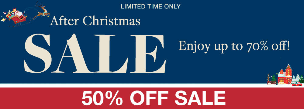 After Christmas Sale Banner for the 50% Off Sale Collection. Up to 70% off sale and free shipping on all orders $150+.