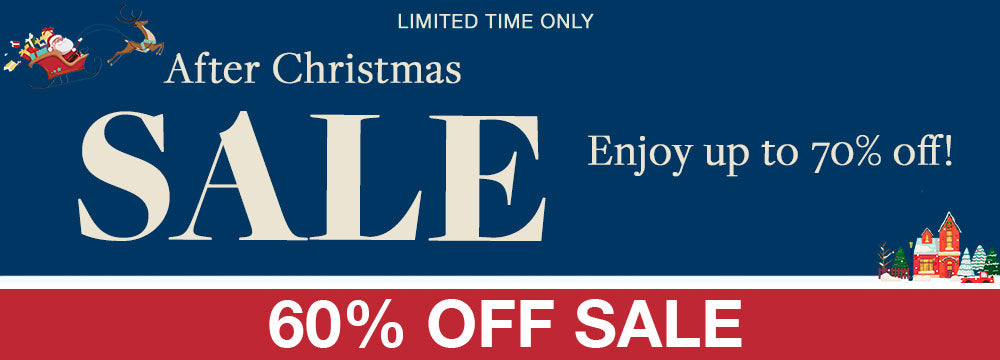 After Christmas Sale Banner for the 60% off Sale Collection. Up to 70% off sale and free shipping on all orders $150+.