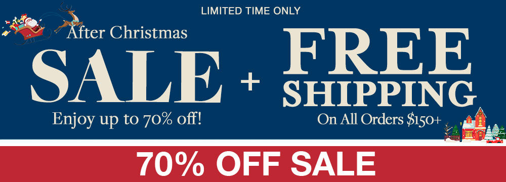 After Christmas Sale Banner for the 70% Off Sale Collection. Up to 70% off sale and free shipping on all orders $150+.