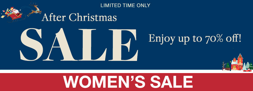 After Christmas Sale Banner for the Womens Sale Collection. Up to 70% off sale and free shipping on all orders $150+.