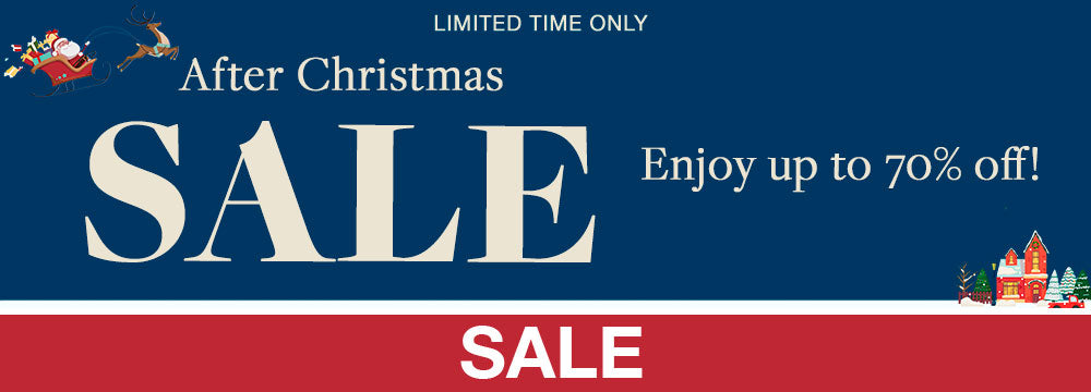 After Christmas Sale Banner for the Sale Collection. Up to 70% off sale and free shipping on all orders $150+.