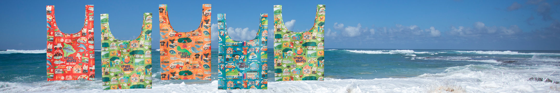 Stack of colorful plastic bags with ocean and waves in the background