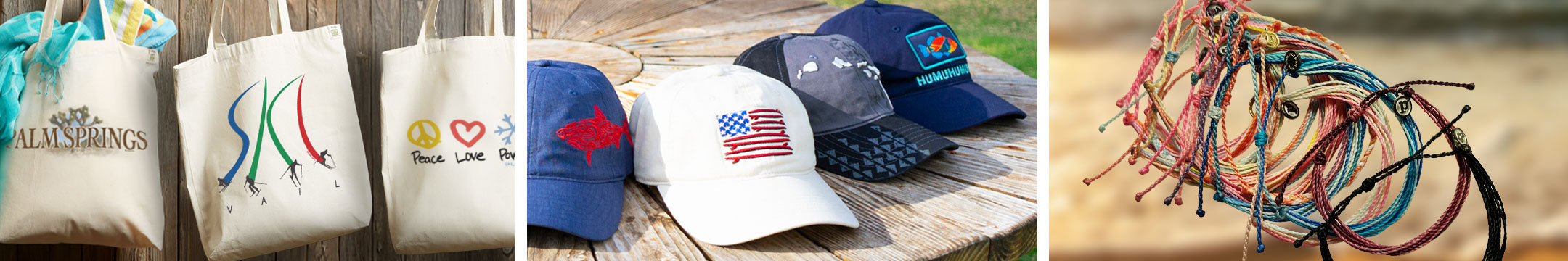 Collection of personalized merchandise including hats, bags, and bracelets with various designs.