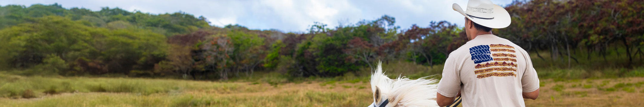 Man in a cowboy hat and American flag shirt standing with a white horse in a grassy field with trees in the background.