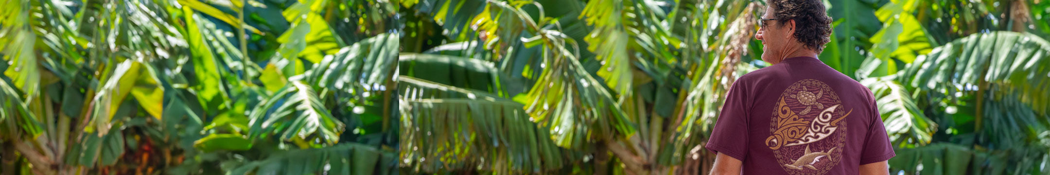 Person standing among large green leaves, possibly in a tropical setting