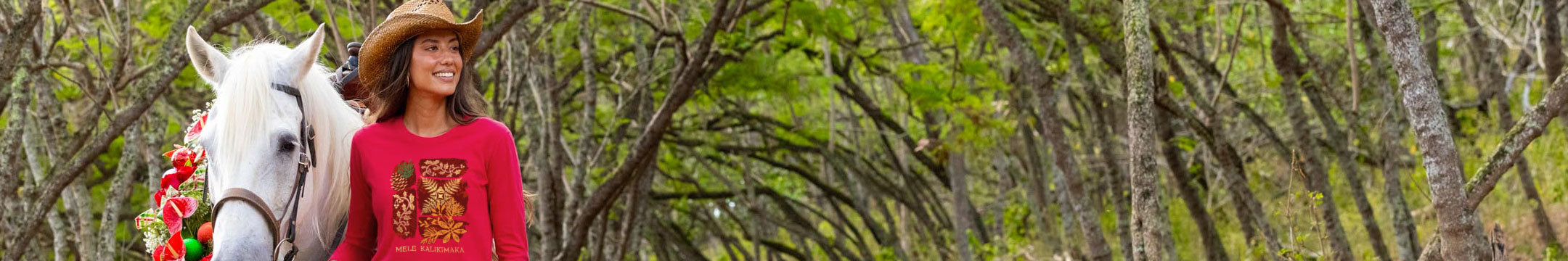 Woman in a red sweater with a horse in a forest setting