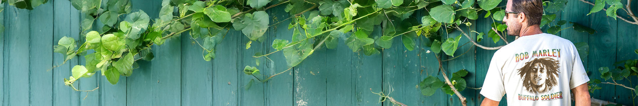 Person wearing a t-shirt with a lion graphic in front of a green wooden fence with climbing plants.