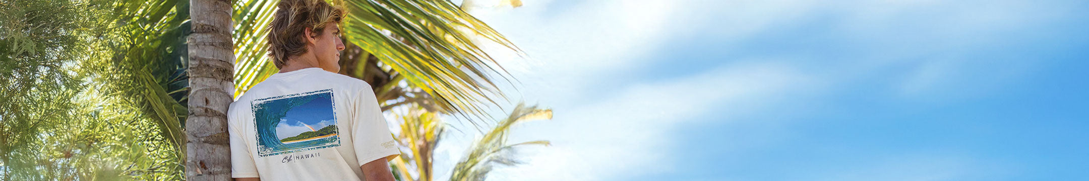 Person standing under palm trees with a clear blue sky