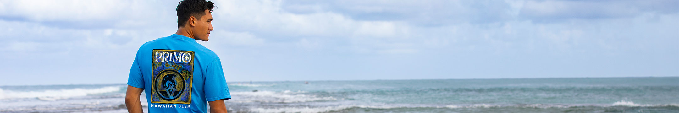 Person wearing a blue 'Promo' shirt standing on a beach looking at the ocean.