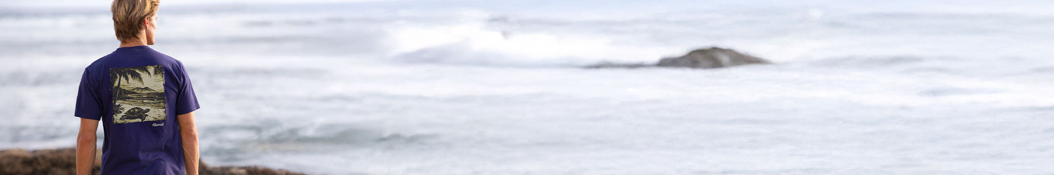 Person wearing a t-shirt with a graphic design of a turtle on the beach, standing by the ocean with a small island in the distance.