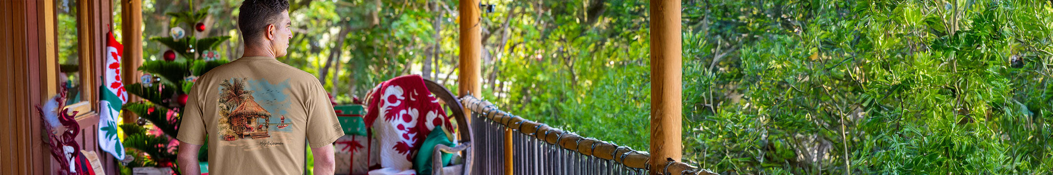 Person on a porch with a scenic view of trees and greenery