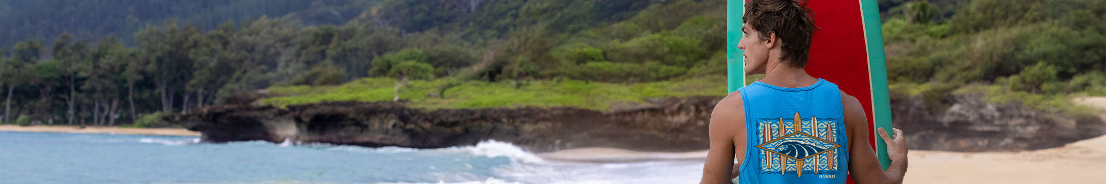 A man in a blue graphic tank top stands on a sandy beach holding a red and green surfboard, with a lush green cliffside and ocean in the background.