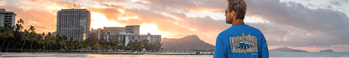 A man wearing a blue t-shirt with a graphic print stands with his back to the camera, looking out over a scenic sunset view of a coastal city and mountains.