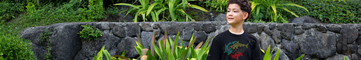 A young boy wearing a black t-shirt with a colorful shark graphic, standing outdoors in front of a stone wall and lush green plants.