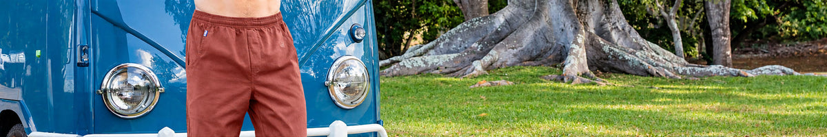 A person wearing rust-brown drawstring shorts stands in front of a blue vintage-style van, with a large tree and green grass in the background.