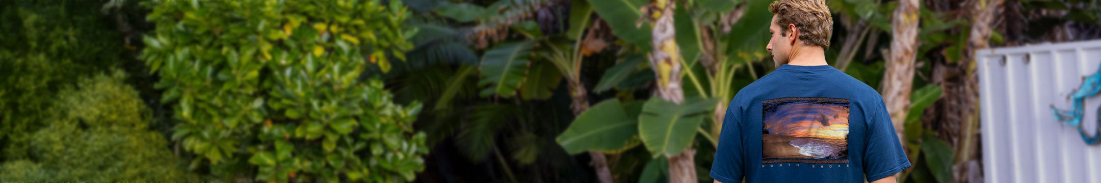 Person wearing a blue t-shirt with a scenic print, standing in a tropical setting with lush greenery.