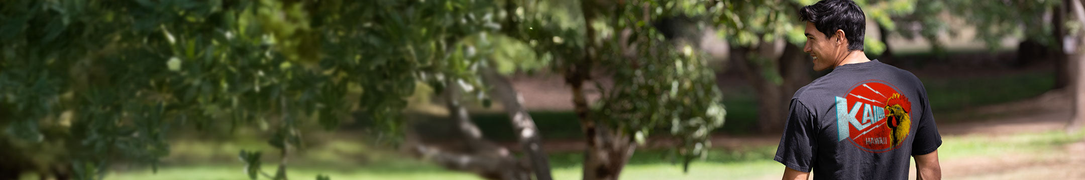 Person walking away from the camera in a park with trees and greenery weaking a black graphic tee