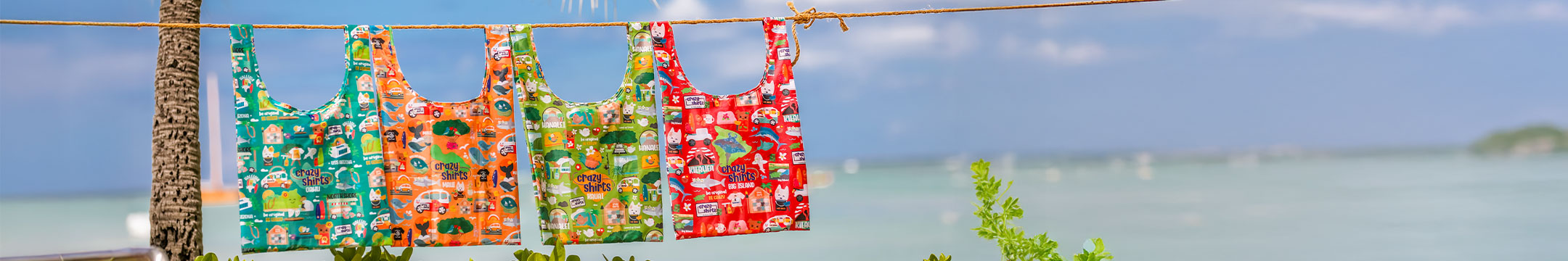 Colorful reusable bags hanging on a clothesline with a scenic background of water and sky.