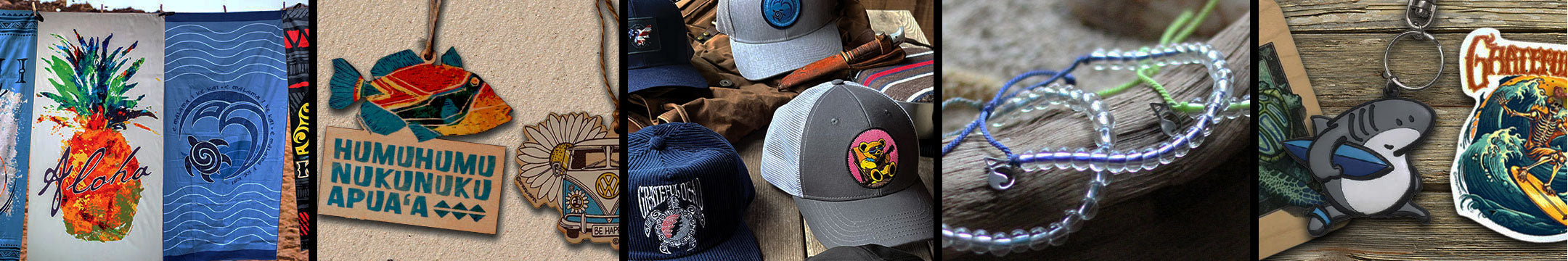 Collage of various hats, stickers, and accessories with visible brand logos.