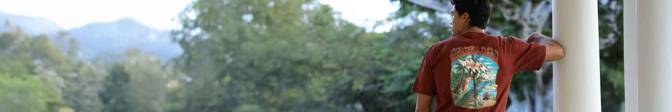 Person standing by a window with a scenic view of trees and mountains wearing a whiskey dyed grateful dead shirt