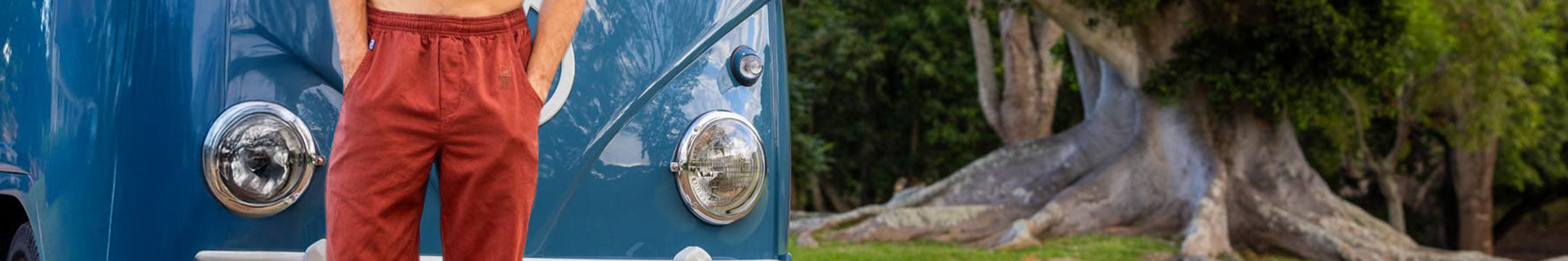 Person wearing red pants standing next to a blue vehicle with a large tree in the background.
