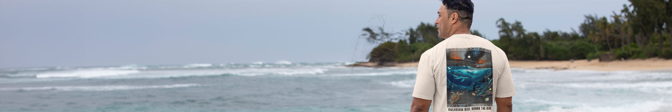 Person standing on a beach looking at the ocean with trees in the background
