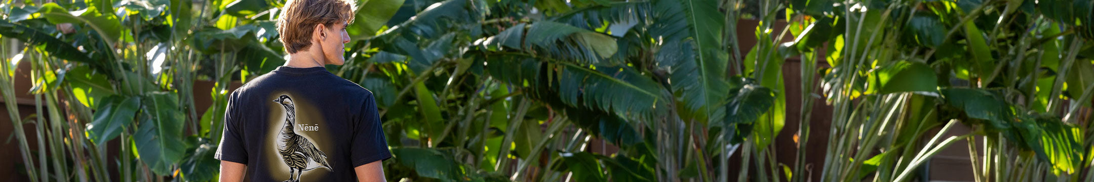 Person standing among large green leaves, possibly in a forest or garden setting