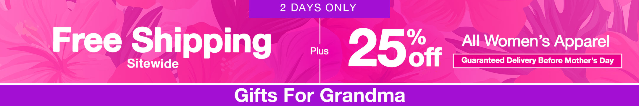 Promotional banner with '25% off' discount on gifts for grandma, featuring a pink and purple color scheme.