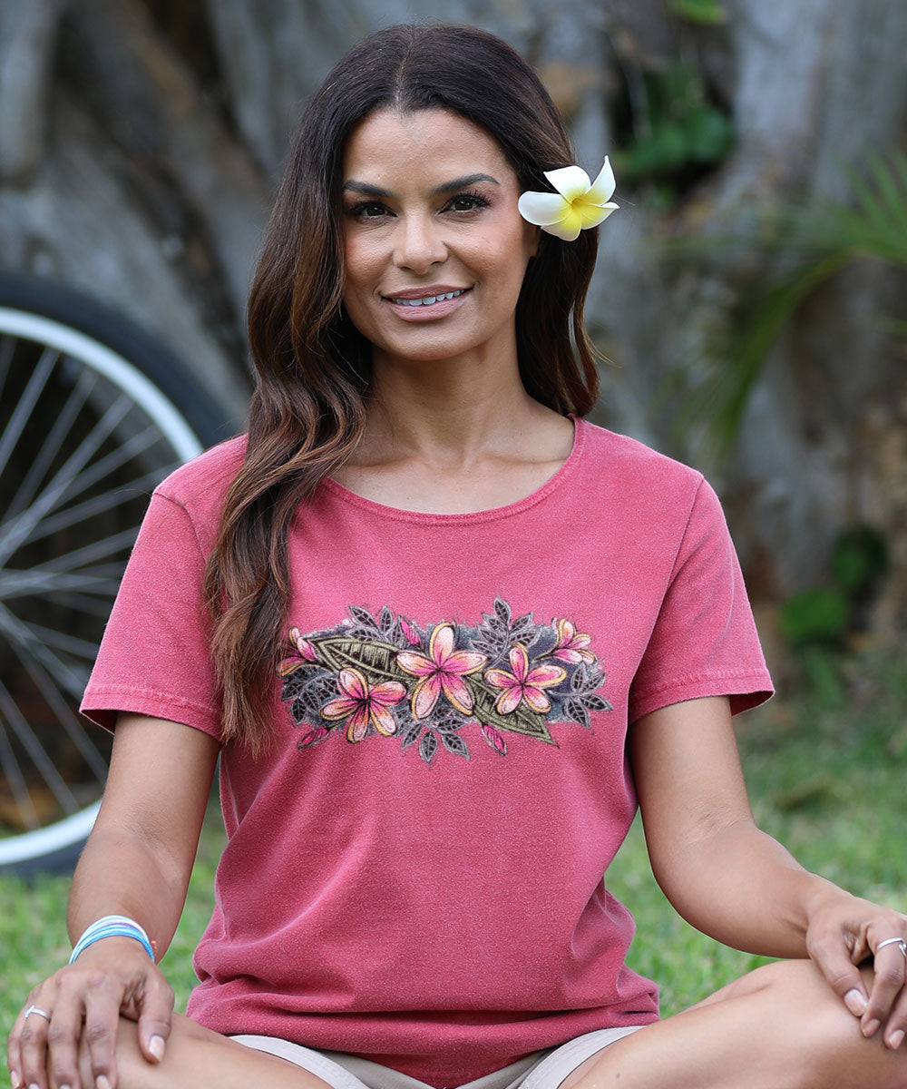 Sketchy Plumeria - Paradise Red Dyed Short Sleeve Scoop Neck T-Shirt