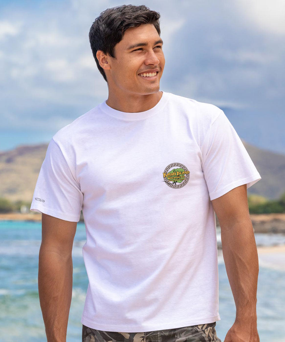 någonstans circle-sleeve t-shirt シロ Kauai Island Brewing Co. Tribal Circle T-Shirt | Men's White Tee