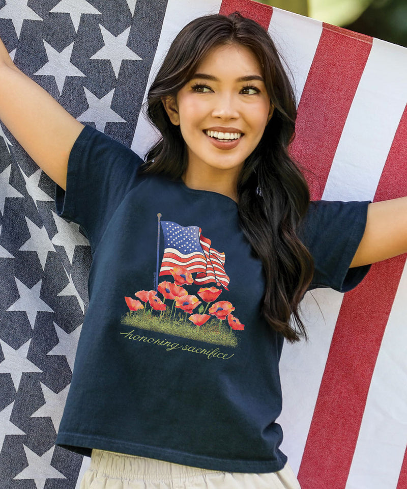 Red Poppy Flag - Navy Short Sleeve Scoop Neck T-Shirt