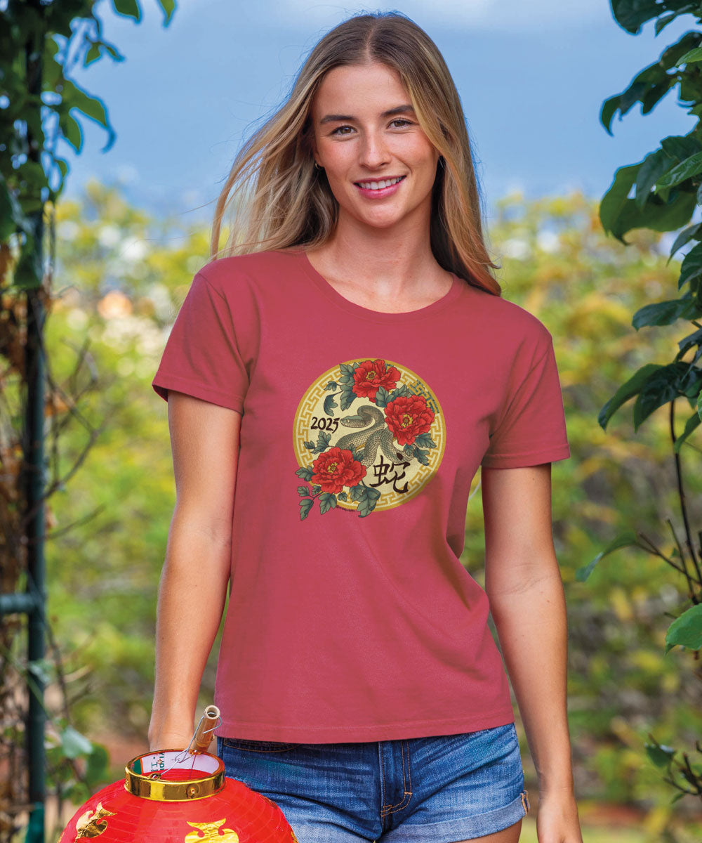 Year Of The Snake Floral 2025 - Paradise Red Dyed Short Sleeve Crewneck T-Shirt