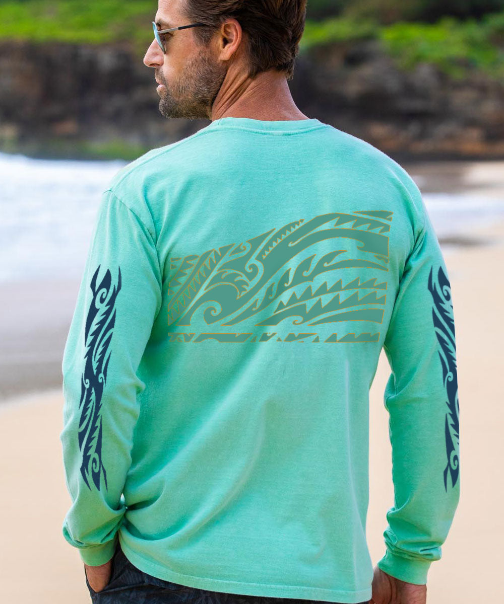 Honu Tribal Mauka - Key Lime Dyed Long Sleeve Crewneck T-Shirt