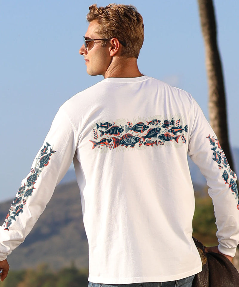 Woodcut Fish Band - White Long Sleeve Crewneck T-Shirt