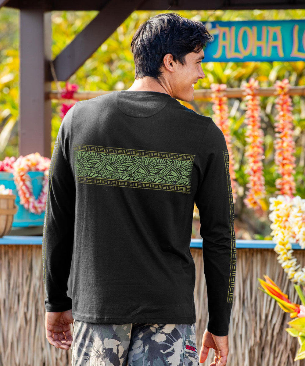 Tribal Leaves Band T-Shirt | Men's Jet Black Long Sleeve Pima Crewneck