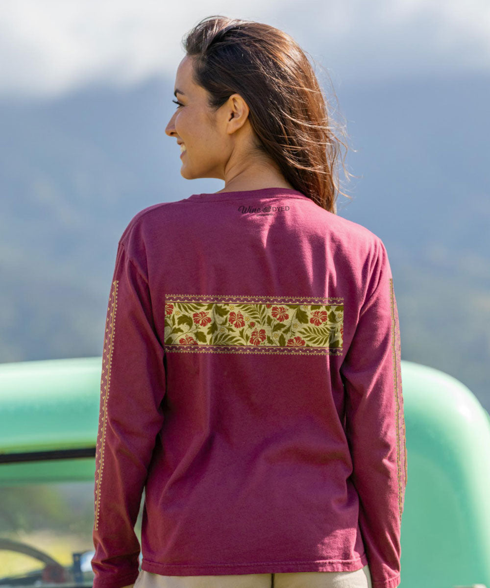 Hibiscus Brocade Band T-Shirt | Women's Wine Dyed Long Sleeve