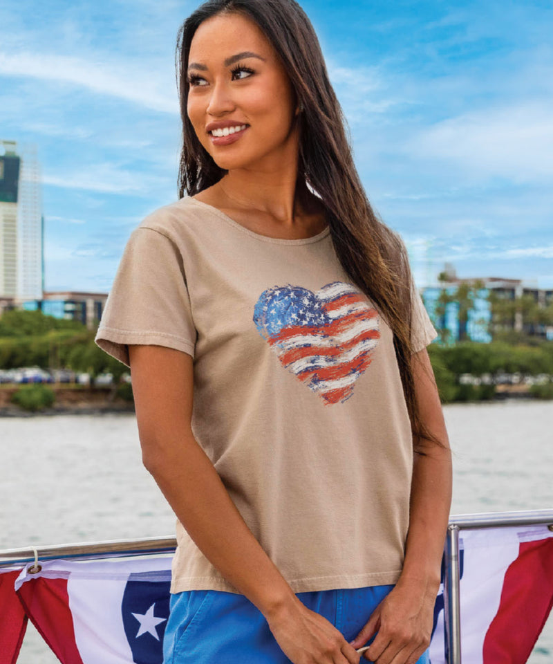 Painted Heart Flag - Kona Coffee Dyed Short Sleeve Scoop Neck T-Shirt