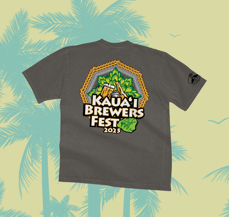Kauai Brewers Fest 2025 Tee with a palm design background
