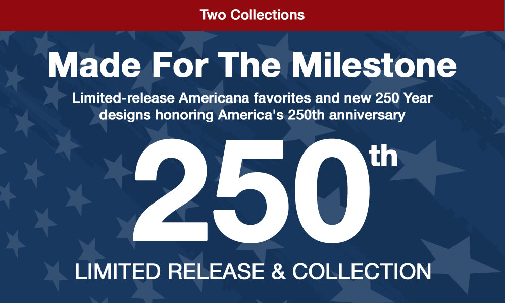 Promotional graphic for a limited release collection celebrating America's 250th anniversary with stars and stripes design.