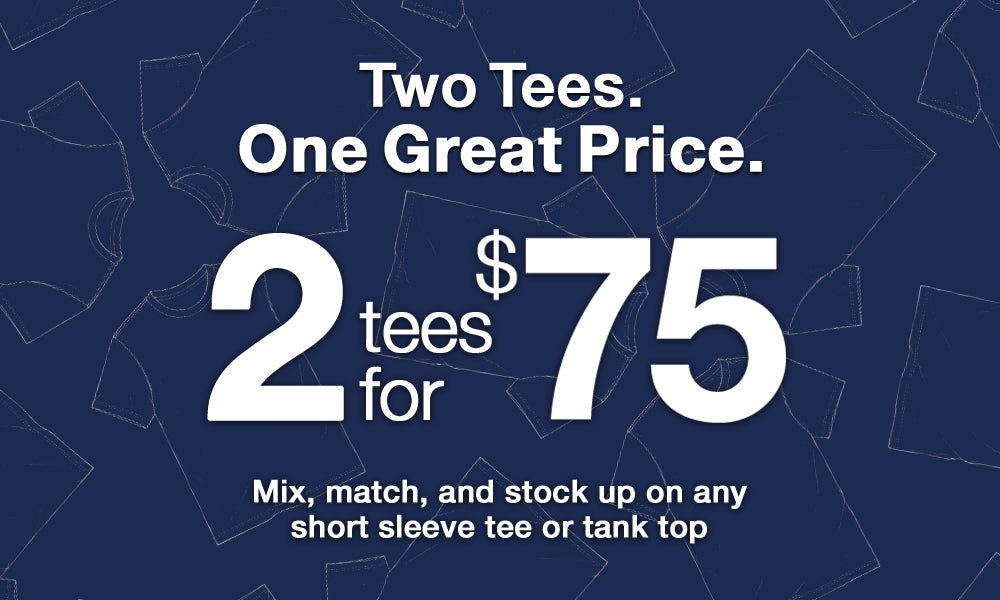 Promotional graphic for two tees at a great price on a blue background with geometric shapes.